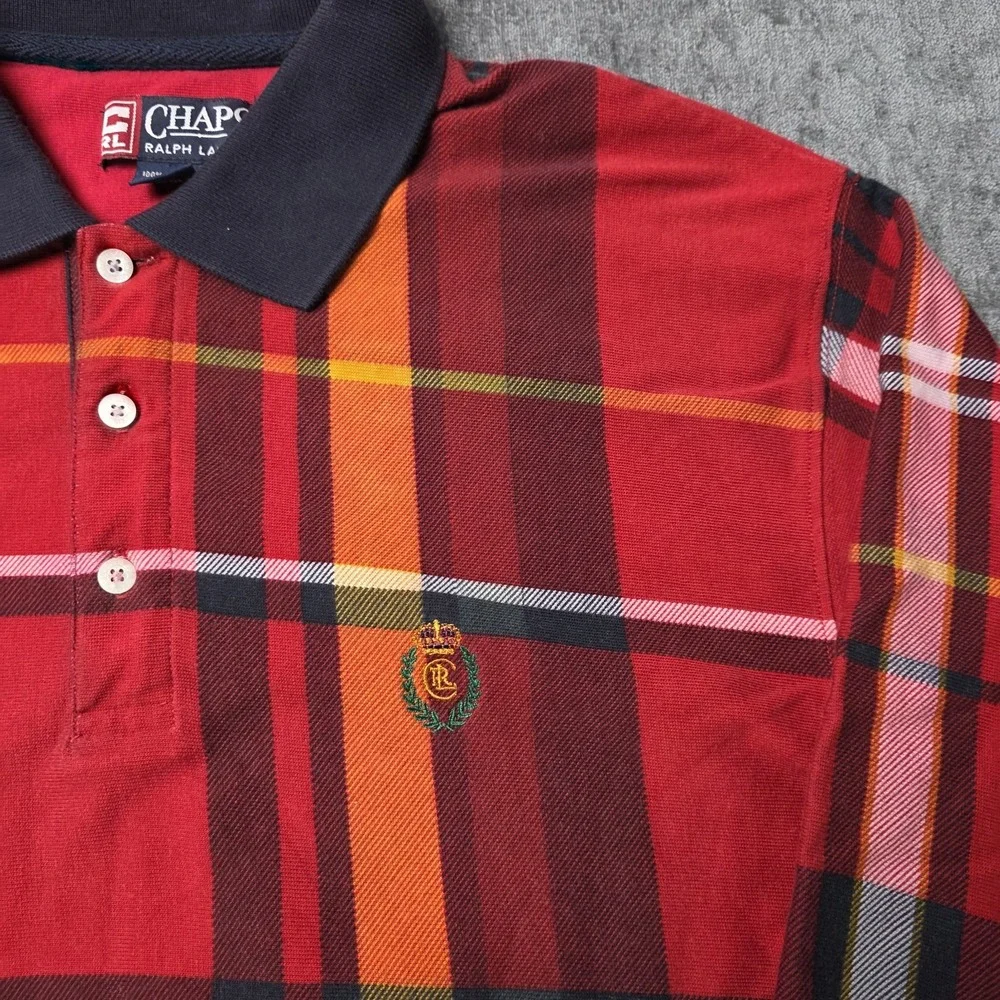 Vtg Chaps Ralph Lauren Polo Shirt Mens XL Red Plaid Long Sleeve Thick Crest Logo
